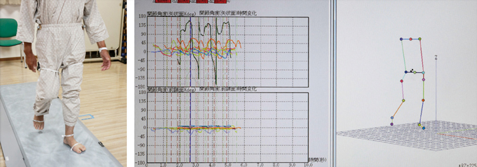 三次元動作解析のセンサーで歩行、モニター画面